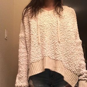 Beige v neck sweater with hood
